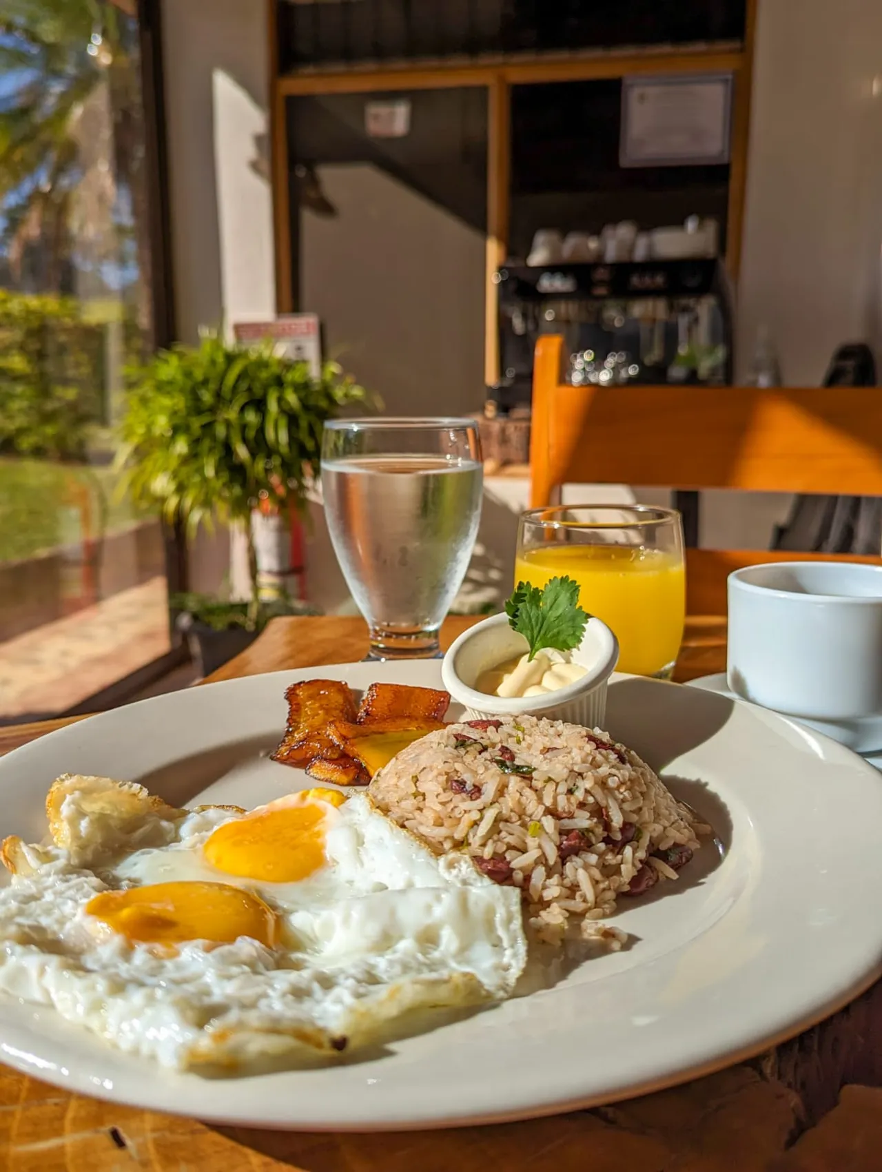 Desayuno típico costarricense con gallo pinto, huevos fritos y plátano maduro